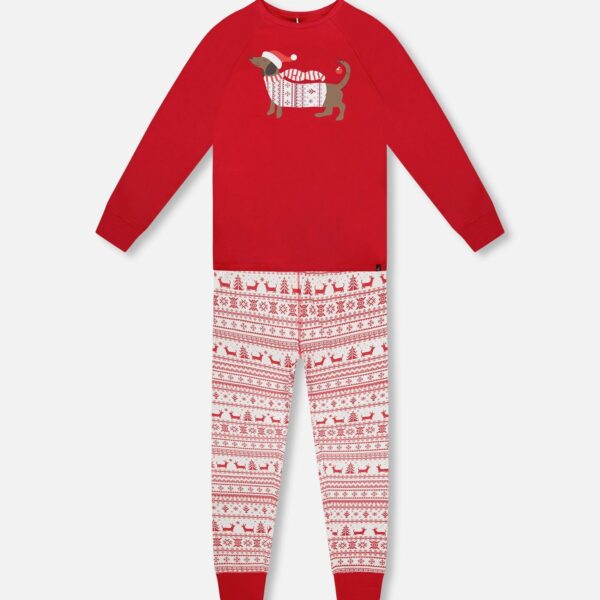 2par2 | Designed in Canada, Adult Men Organic Cotton Two-Piece Pajama Set Red And White Fairisle