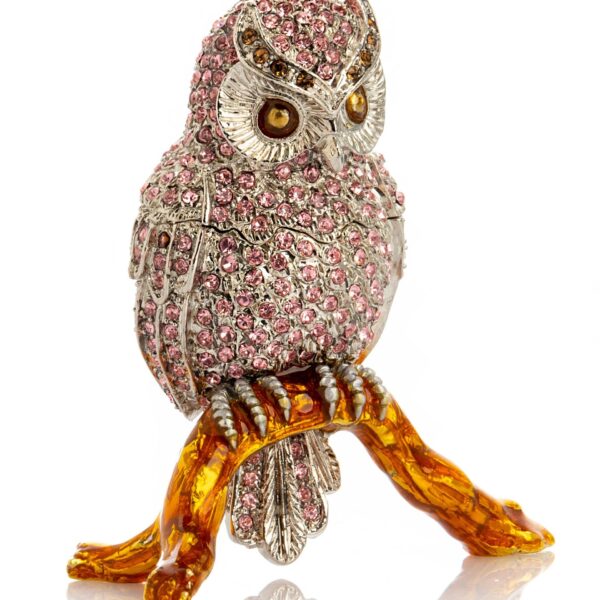 Pink &  Silver Crystal Owl on Amber Tree Branch Trinket Box | Keren Kopal