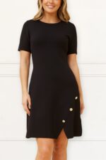 Cleo Black A-Line Dress Short Sleeves Gold Button Front Detail