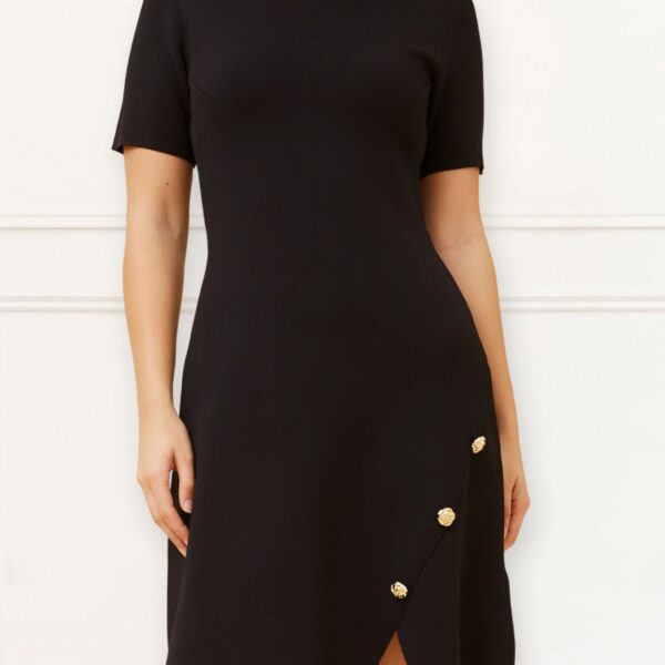 Cleo Black A-Line Dress Short Sleeves Gold Button Front Detail