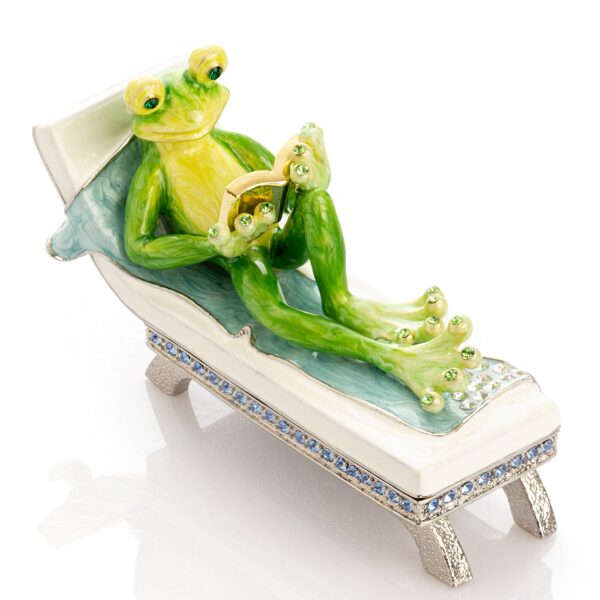 Relaxing Frog Reading a book on Sun Lounger Trinket Box | Keren Kopal