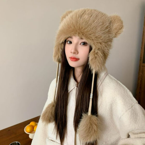 Winter Earflaps Thick Plush Women Cute Bear Ears Hanging Ball Thermal Head Cover Beanie Hat