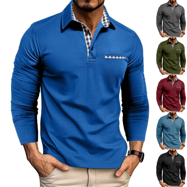 Casual Plaid Splicing Lapel Polo Shirt Fashion Solid Color Long Sleeve Top Men's Clothing | FREE SHIPPING men's clothing