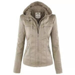 Women's Detachable Lapel Long Sleeve Solid Color Zipper Leather Jacket