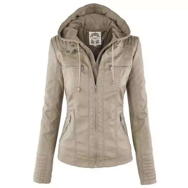 Women's Detachable Lapel Long Sleeve Solid Color Zipper Leather Jacket