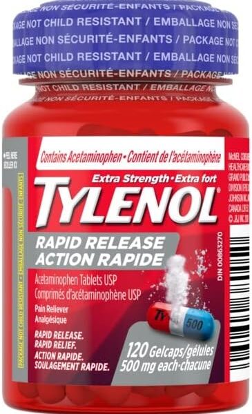Tylenol Extra Strength Pain Reliever Medicine for Headache, Back Pain and to Reduce Fever, Acetaminophen Rapid Release Gelcaps, 500mg, 120 Gelcaps
