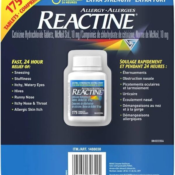 Reactine Extra Strength Antihistamine Tablets - 10mg Cetirizine Hydrochloride - 24 Hour Allergy Relief Medicine - 175 Count