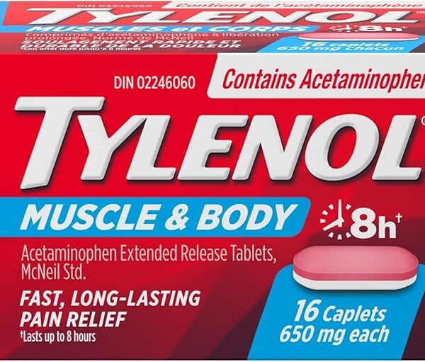 Tylenol Muscle Aches and Body Pain, Acetaminophen 650 mg, Joint Pain, Muscle Ache Relief, Fast and Long Lasting, 16 Caplets