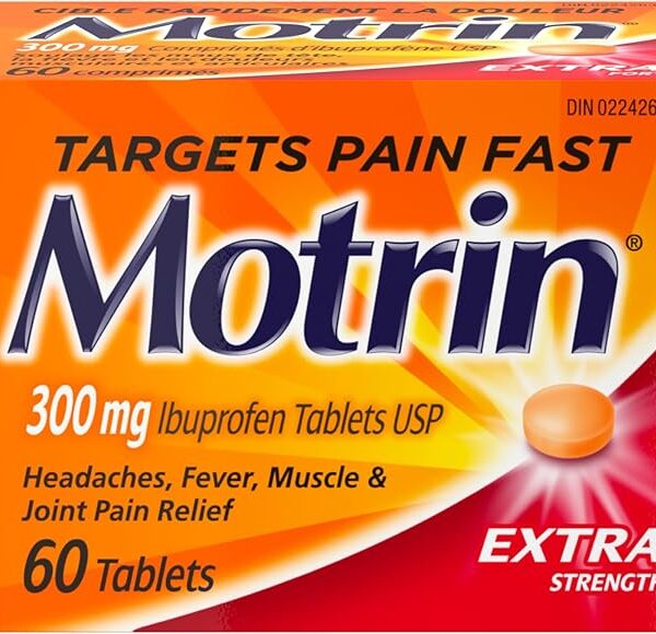 Motrin Ibuprofen, Extra Strength Tablets, Pain Reliever for Menstrual Pain, Back Pain, 300mg, 60 Tablets, orange