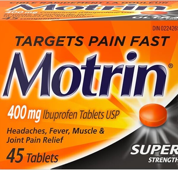 Motrin Super Strength Tablets, Pain Reliever for Menstrual Pain, Headaches, Back Pain, Ibuprofen 400mg, 45 Tablets
