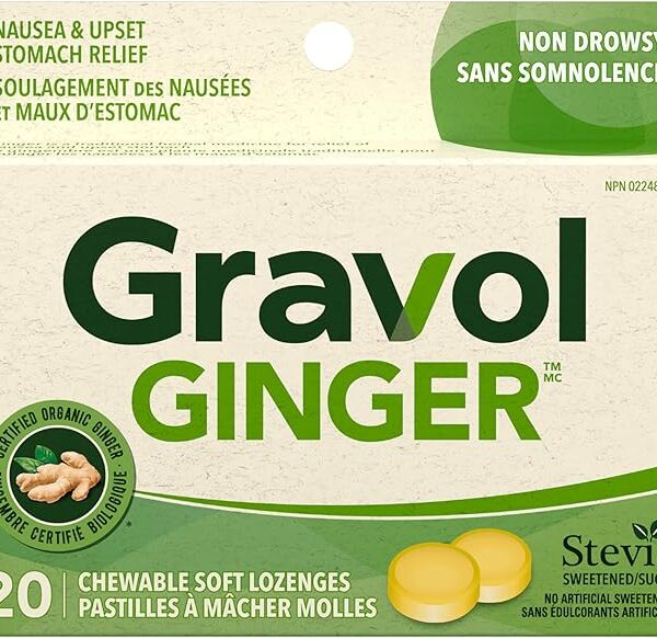 Gravol Ginger - Nausea & Upset Stomach Relief with Organic Ginger Extract - Chewable, Great Taste & Non-Drowsy - 20 Lozenges (Pack of 1)