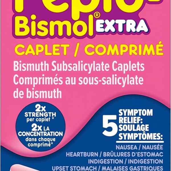Pepto Bismol EXTRA Caplets | 5 Symptom Stomach Relief | EXTRA Strength | 24 Caplets | For Nausea, Heartburn, Indigestion, Upset Stomach & Diarrhea Relief